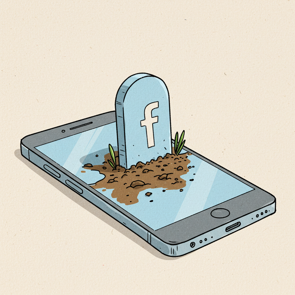 a drawing of the facebook icon as a tombstone emerging from a phone